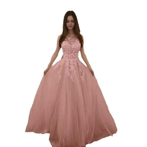 Detailed front view of pink lace floral appliques on a sleeveless A-line wedding gown