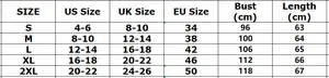 Detaillierte Größentabelle für Damen T-Shirts von S bis 2XL mit genauen Maßangaben online