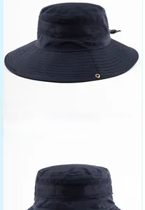 Detail of dark blue sun hat featuring breathable mesh panels and adjustable toggle