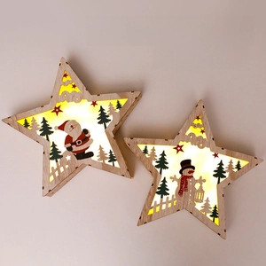 Star-shaped Christmas wooden LED decorative lamp featuring Santa Claus and Snowman designs