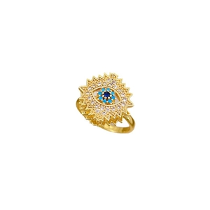 Rotating golden evil eye sun ring with blue crystal eye and white zircon setting