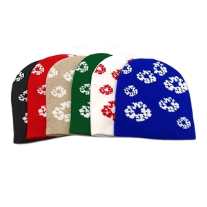 Knitted Beanie Hat Acrylic Warm Windproof Jacquard Flower Pattern Round Top Winter Outdoor For Men Women