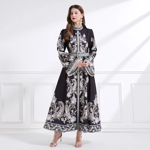 Vintage floral printed maxi dress with stand collar and waist belt for women