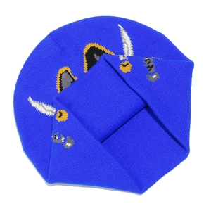 Detail of royal blue knitted beanie featuring high-quality cartoon embroidery and texture