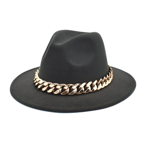 Classic black wool fedora hat with a stylish chunky gold chain band for women and men