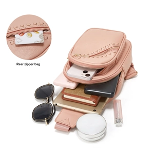 Pink faux leather chest bag with high capacity pockets for phone sunglasses and daily items