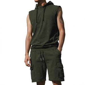 Men's vintage olive green sleeveless hoodie and cargo shorts athletic two-piece set