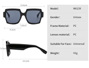 Detailed size specifications for M6139 square frame sunglasses with dimensions in cm