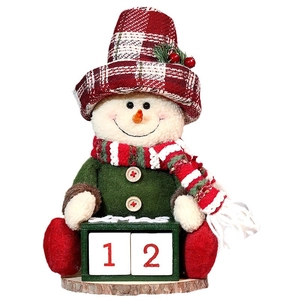 Weihnachts-Schneemann-Adventskalender mit karierter Mütze und Holzwürfel-Dekoration