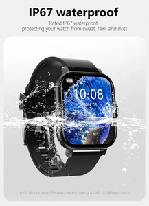 Detail of IP67 waterproof smartwatch with black silicone strap and water splash effect