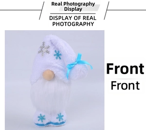 Front view of white Christmas gnome doll with blue snowflake embroidery and soft plush beard