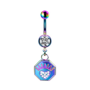 Rainbow metal belly ring with dangling heart eye pendant and clear crystals