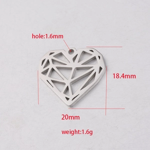 Stainless steel geometric hollow heart pendant with dimensions and weight info