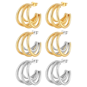 Drei Paar mehrlagige klobige Creolen in Gold, Silber und Bicolor-Optik aus Edelstahl