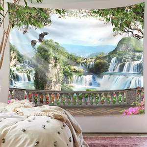 Detailed nature landscape tapestry showing a waterfall and mountain lake on a bedroom wall