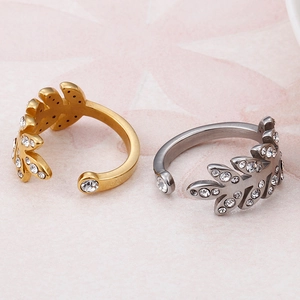 Bagues réglables en forme de feuille en or et argent avec zircons incrustés pour femme