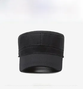 Front view of black cotton cadet hat with side metal logo and twill fabric texture