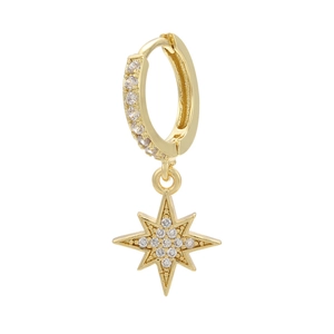 Macro shot of gold star hoop earring featuring sparkling white zircon pavé details