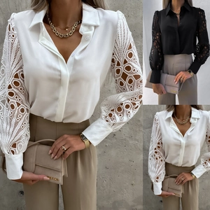 Elegant long sleeve women's shirt with intricate lace hollow sleeves and button-down collar