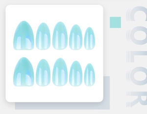 Detailed set of 10 light blue pearl cat-eye press-on nails in short almond shape
