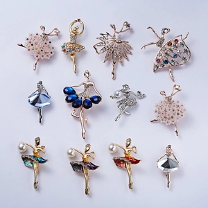 Set of 11 ballet dancer brooches featuring crystals and pearls in gold and silver plating