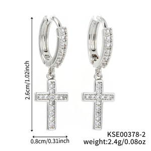Silver cross earrings size details showing 2.6cm height and 0.8cm width dimensions