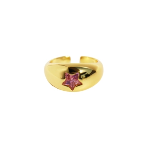 Pink zircon star smile open ring in gold finish with a minimalist aesthetic style