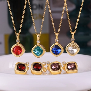 Square Zircon Jewelry Set For Women Copper Colorful Cubic Zirconia Necklace And Earrings Minimalist Accessories