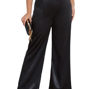 Pantalon large en satin noir élégant pour femmes avec détails de boutons latéraux
