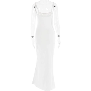 Detail view of the backless design on this slim fit white maxi dress for women