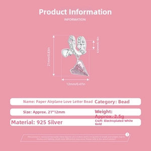 Detailed specs of 925 silver pink paper plane charm with dimensions and enamel plating