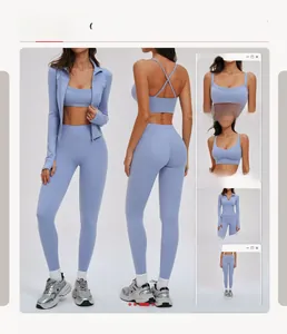 Détails d'un ensemble de fitness 3 pièces bleu clair avec brassière dos croisé et un legging
