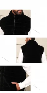Macro detail of men's black faux fur vest showing stand collar and striped texture