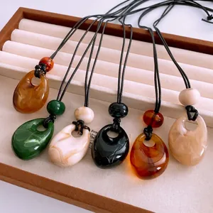 Vintage Teardrop Pendant Necklace Retro Acrylic Resin Water Drop Hollow Out Long Wax Rope Sweater Chain Jewelry For Women