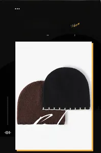 Detail of rib-knit texture and white decorative stitching on winter beanie hats