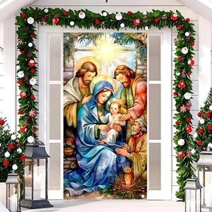 Nativity Scene Christmas door banner decoration displayed on a white front entry door