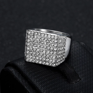 Men's square iced-out hip hop ring in silver finish with dense micro-pave crystal setting