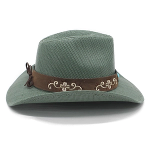 Detail of western cowboy straw hat featuring floral embroidery on a brown suede band