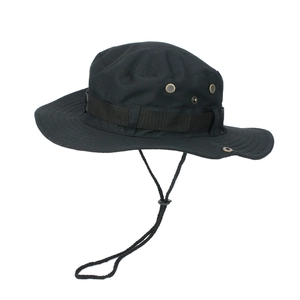 Detail of black boonie hat featuring textured fabric, mesh eyelets and adjustable chin cord