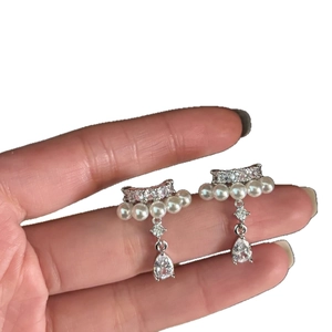 Silver pearl drop earrings with zircon teardrop crystal for non-pierced ears style
