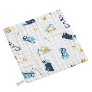 Soft cotton baby square towel with cartoon construction truck print and 100% cotton label