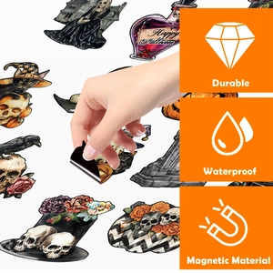 Macro detail of waterproof magnetic Halloween gnome skull stickers for garage door