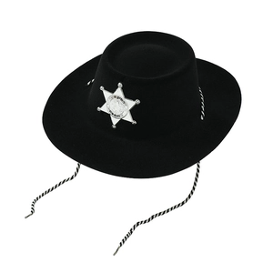 Detail of a black felt sheriff cowboy hat featuring a silver star badge and braided rope