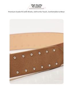 Detail of brown suede leather belt featuring double-row metal studs and matte texture