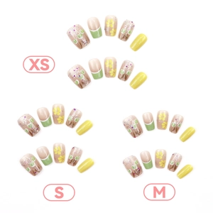 Fresh green tulip and yellow flower press-on nail set with glitter in XS, S, M sizes