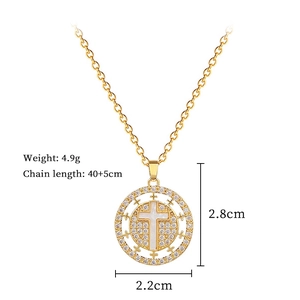 Detail showing dimensions of gold cross necklace with crystal pavé and pearl inlay