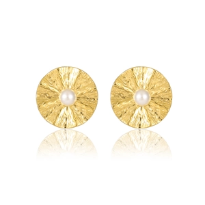 Golden irregular round pearl stud earrings with textured stainless steel surface