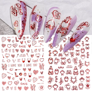 3D metallic red heart and rose nail stickers with love letters on white background