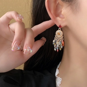 Ethnic style flower crystal tassel earrings with gold filigree and colorful beads