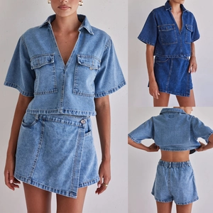 Detailed views of women's denim set showing V-neck cargo shirt and wrap skort